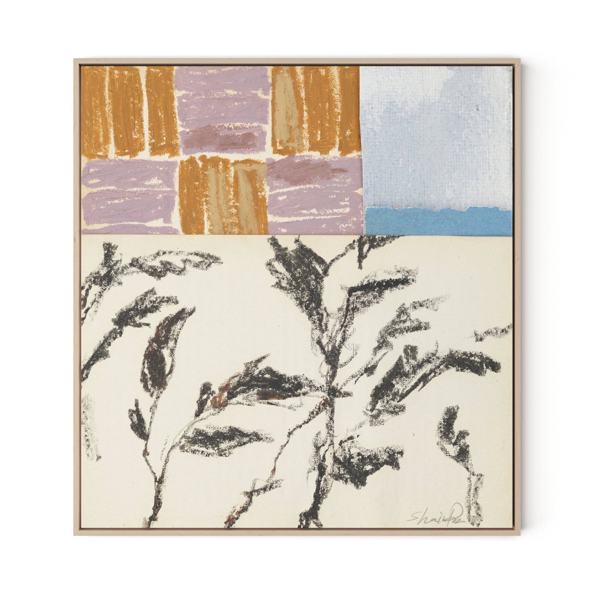 Olive Branch Abstract Canvas Floater Framed / 30 x 32 in / Natural Maple