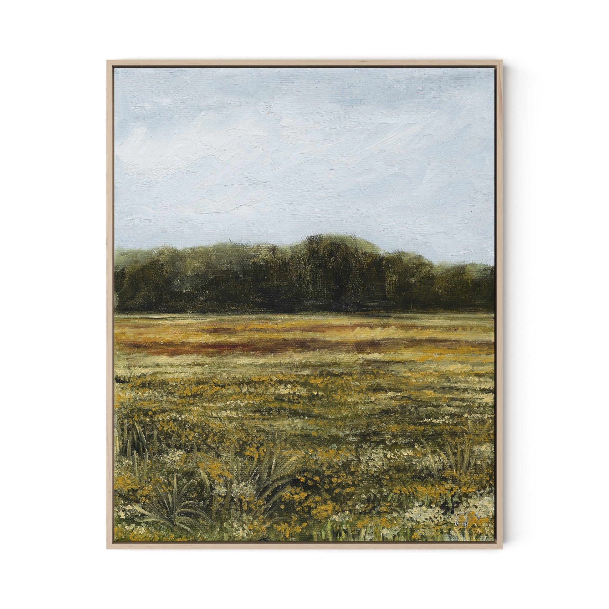 Yellow Flower Field Canvas Floater Framed / 26 x 32 in / Natural Maple