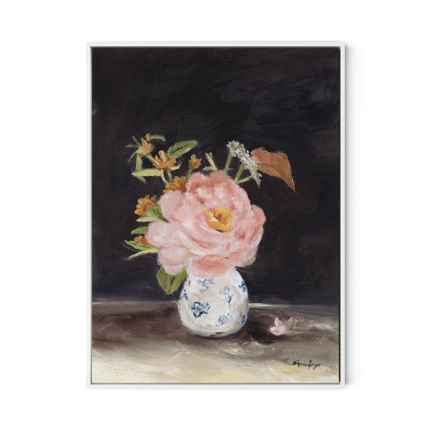 Pink Peony Canvas Floater Framed / 24 x 32 in / White